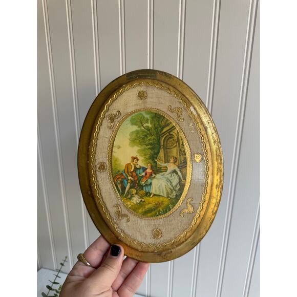 Vintage Italian Florentine Oval Wood Plaque Gold Gilt Rococo Garden Flying Kite - Picture 7 of 8